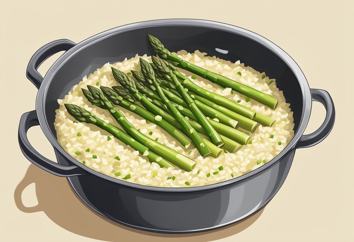 A steaming pot of asparagus risotto simmers on the stove, with fresh asparagus spears and creamy rice visible in the dish