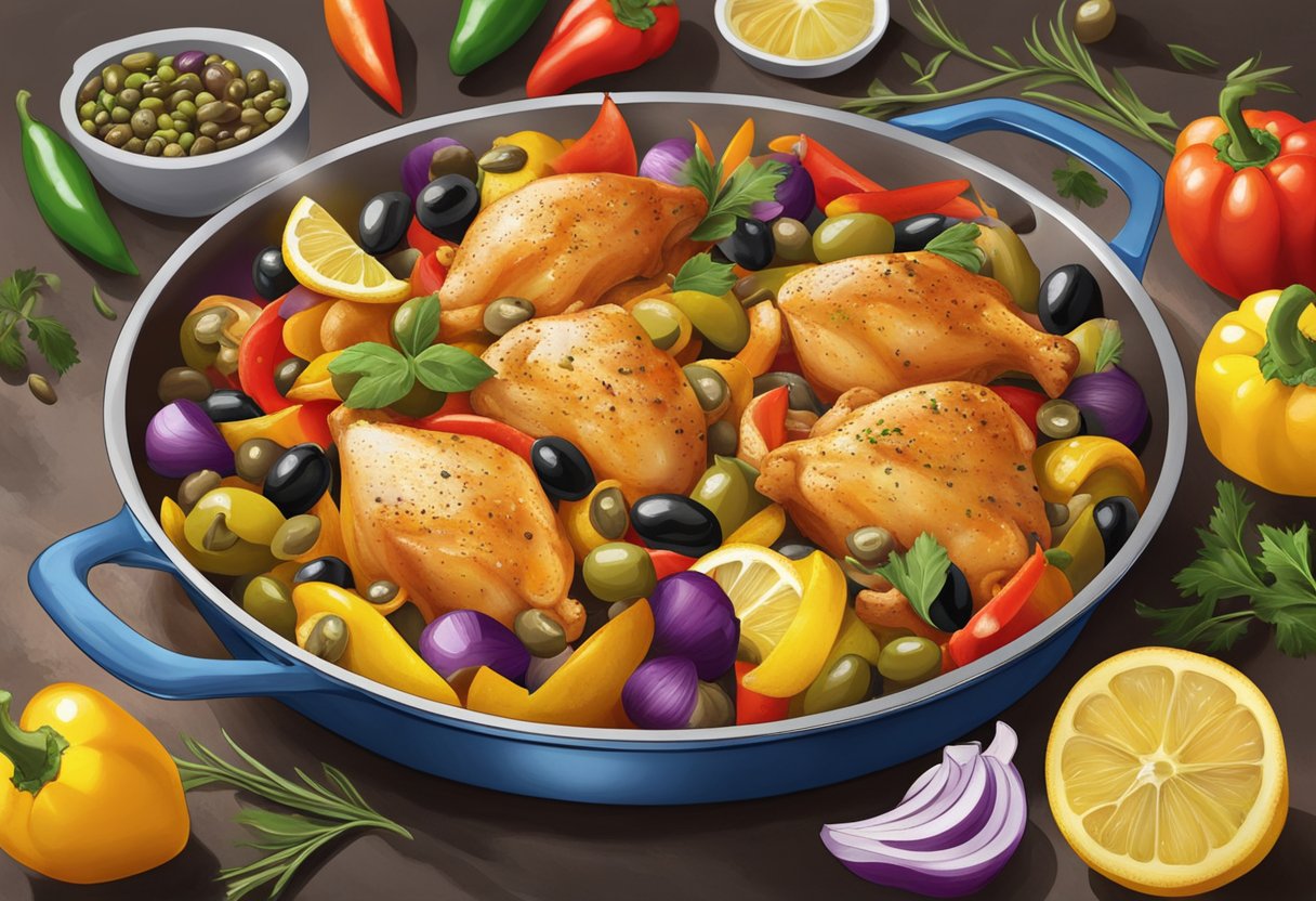 Sizzling chicken with olives, capers, and lemons in a pan, surrounded by colorful peppers and onions