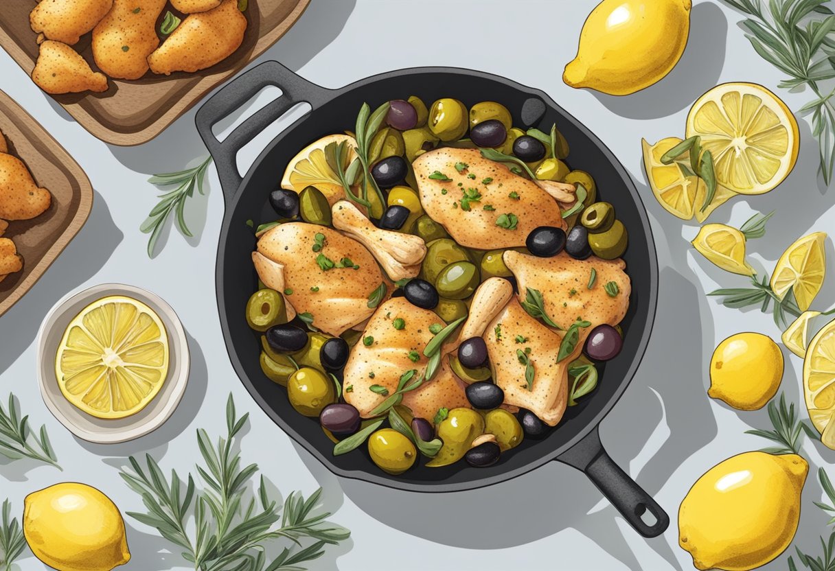 Sautéed chicken sizzling in a pan with olives, capers, and lemons. Another pan holds sautéed chicken with peppers and onions