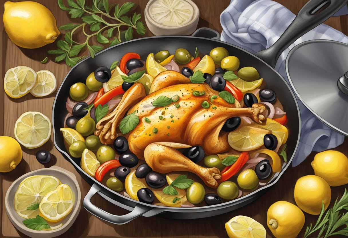 Sizzling chicken with olives, capers, and lemons. Another pan holds sautéed chicken with peppers and onions. Rich aromas fill the kitchen