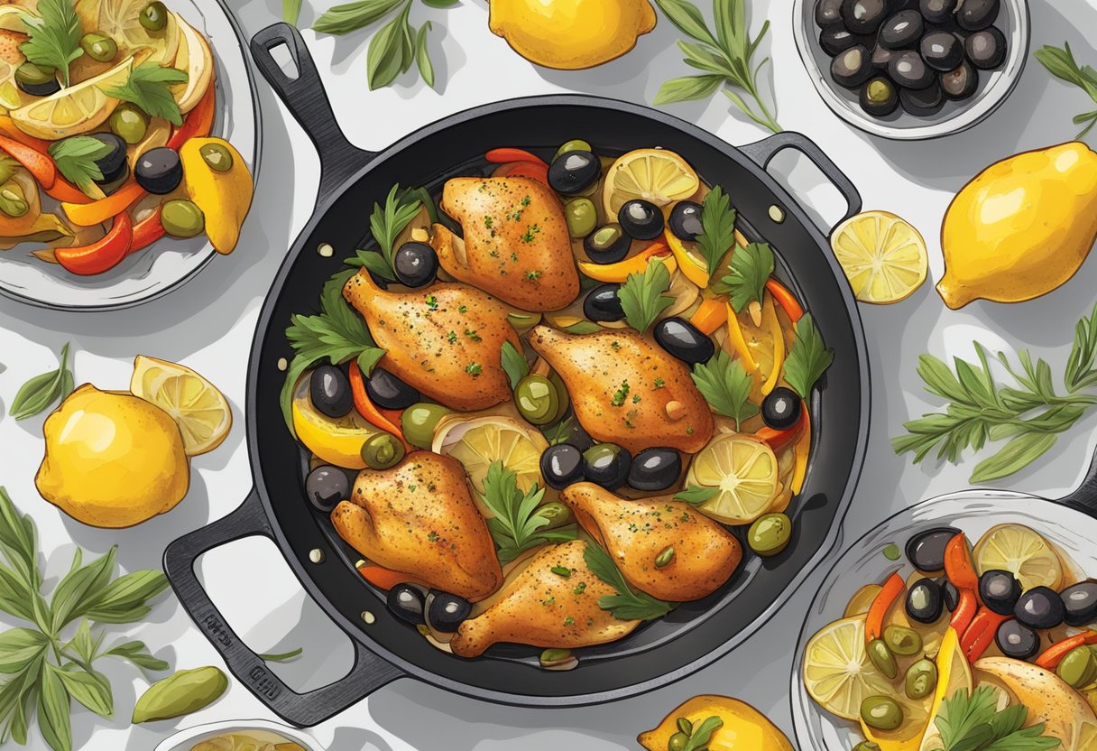 Sizzling chicken cooks in a hot pan with olives, capers, and lemons. Peppers and onions sizzle alongside the chicken, creating a vibrant and aromatic sautéed dish