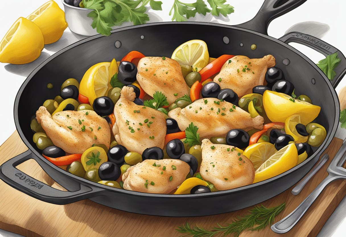 Sautéed chicken with olives, capers, and lemons, alongside peppers and onions in a sizzling pan