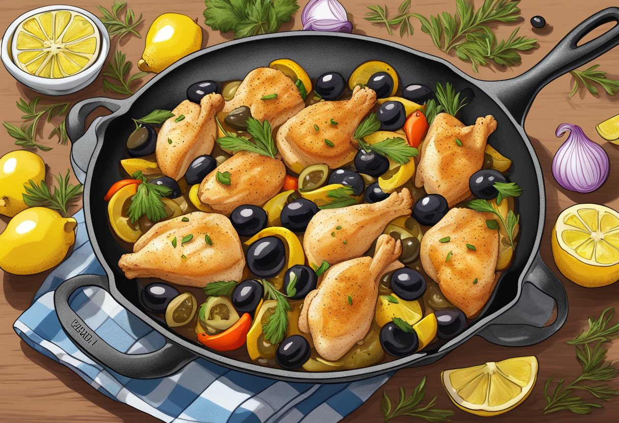 Sautéed chicken sizzling in a skillet with olives, capers, and lemons. Peppers and onions cooking alongside. Vibrant colors and mouthwatering aromas