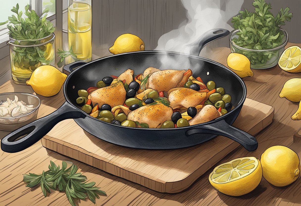 Chicken sizzling in a hot skillet with olives, capers, and lemons. Another skillet sautéing chicken with peppers and onions