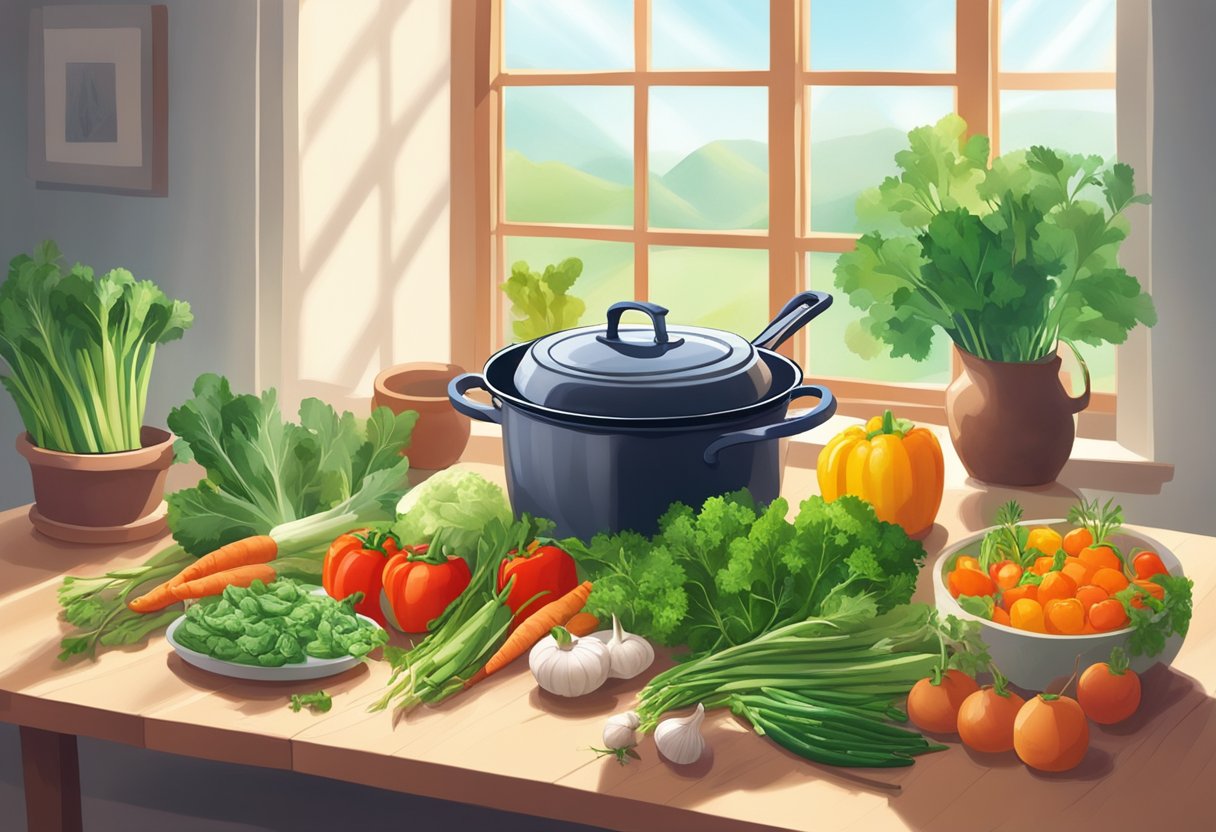 A table set with various spring vegetables, herbs, and a pot simmering with a colorful one-pot dinner. Bright natural light streaming in through a window