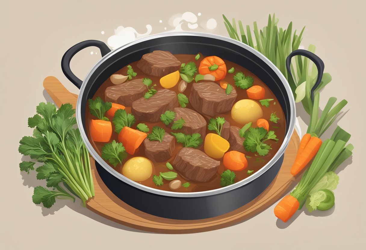 A steaming pot of beef stew surrounded by fresh spring vegetables and herbs, simmering on a stovetop