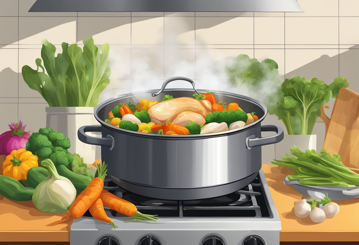 A colorful array of fresh spring vegetables and tender chicken simmering in a large pot on a stove. The steam rising from the pot adds a sense of warmth and comfort to the scene