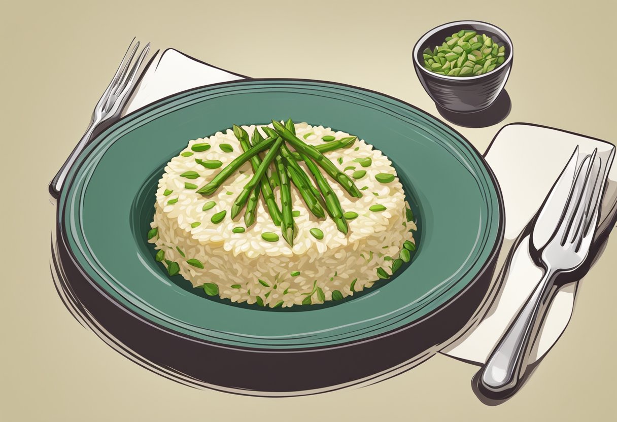 A beautifully plated dish of asparagus risotto, garnished with fresh asparagus spears and presented in an elegant manner