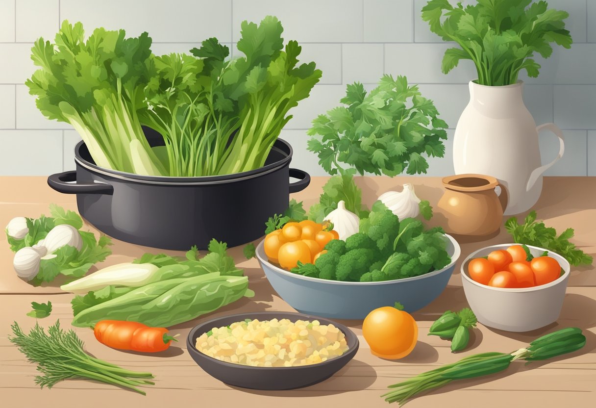 A table with fresh spring vegetables, herbs, and various ingredients laid out for cooking. A pot and utensils nearby. Bright, natural lighting
