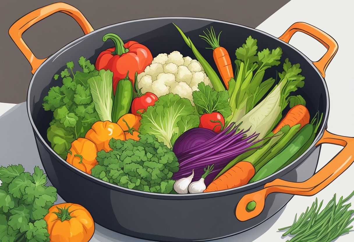A colorful array of fresh spring vegetables and herbs simmering in a large pot, creating a vibrant and delicious one-pot dinner option