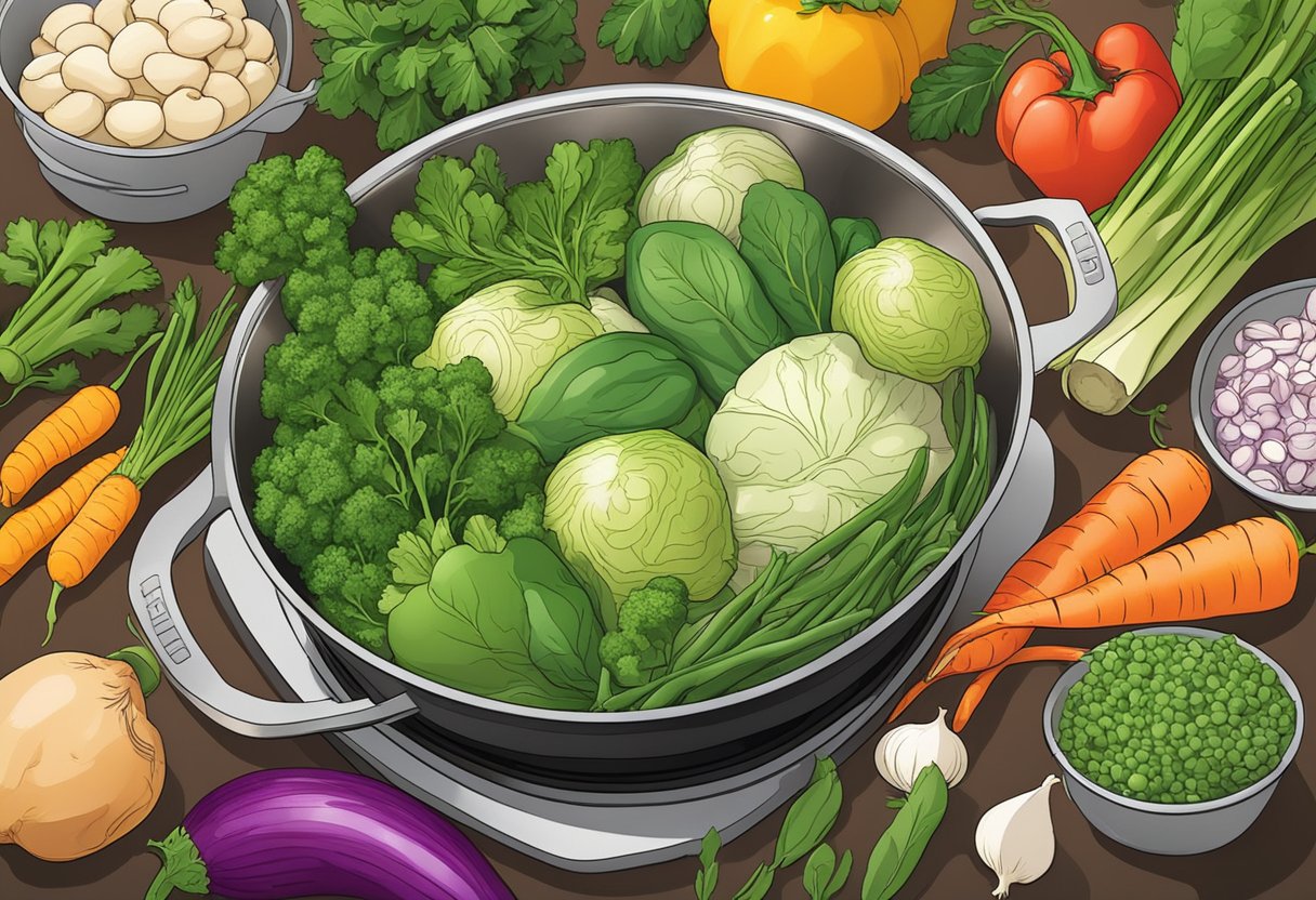 A colorful array of fresh spring vegetables, herbs, and protein simmering in a single pot on a stovetop, emitting a tantalizing aroma