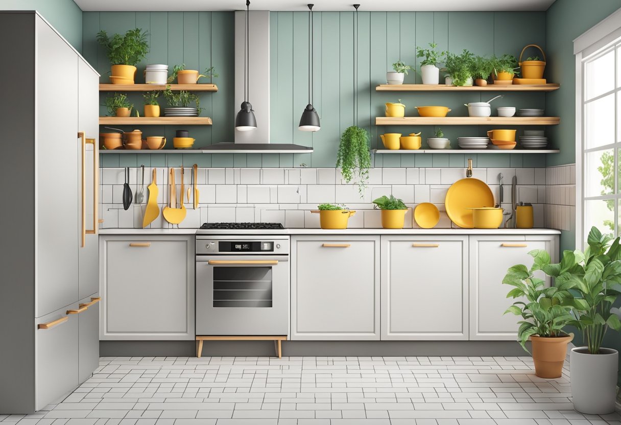 Bright kitchen with empty wall, ready for decorating. Shelves hold colorful cookware. Plants add greenery. Cozy, inviting space