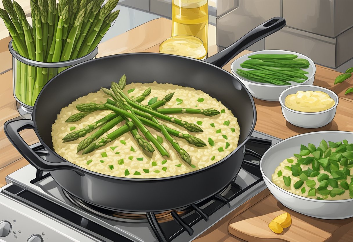 A pot of creamy asparagus risotto simmers on the stove, with fresh asparagus spears and essential ingredients nearby
