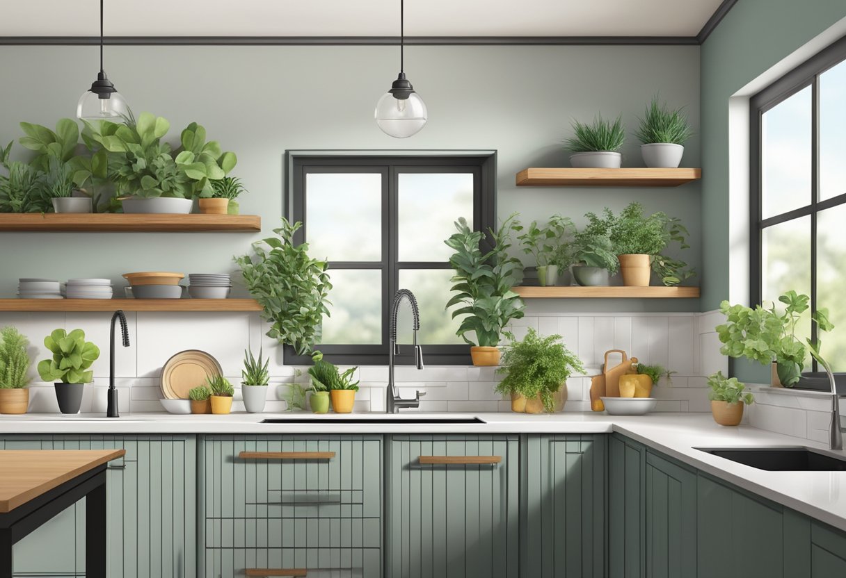 A kitchen with creative plant displays adorning the decor and an empty wall waiting to be filled with artistic touches