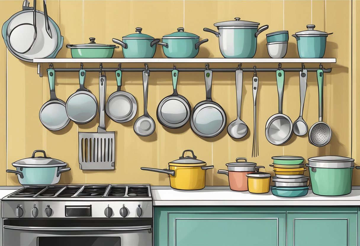 An empty wall in a small kitchen, decorated with space-saving shelves and hooks for utensils and cookware