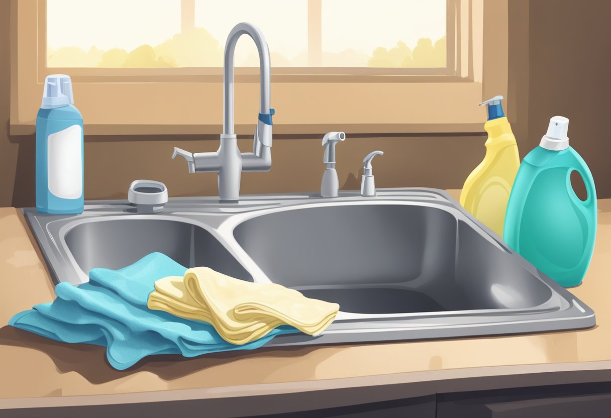 A spray bottle with homemade kitchen grease cleaner sits on a counter next to a pile of used rags and a sink full of dirty dishes