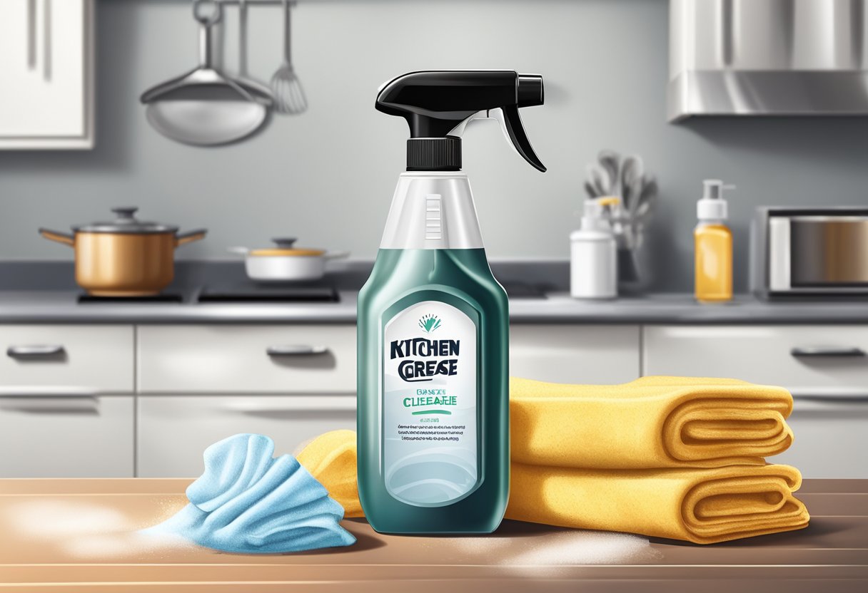 A spray bottle with homemade kitchen grease cleaner sits on a countertop next to a stack of clean white cloths. A greasy pan and splattered stove top are in the background