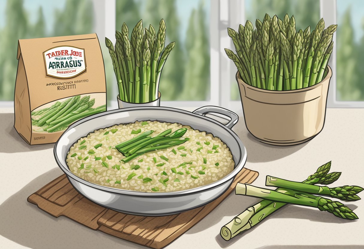 A steaming pot of asparagus risotto on a kitchen counter, surrounded by fresh asparagus and the packaging of Trader Joe's and Kraft asparagus risotto