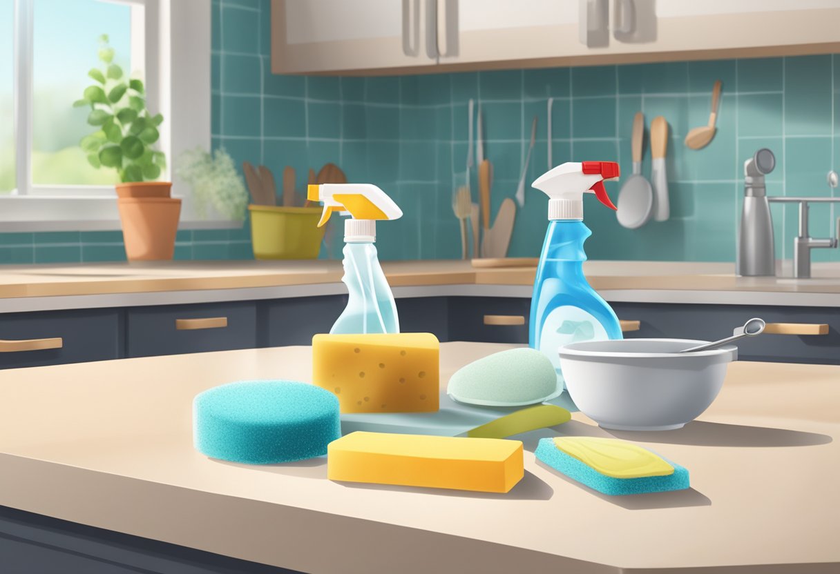 A kitchen counter cluttered with vinegar, baking soda, and a spray bottle. A sponge and scrub brush sit nearby