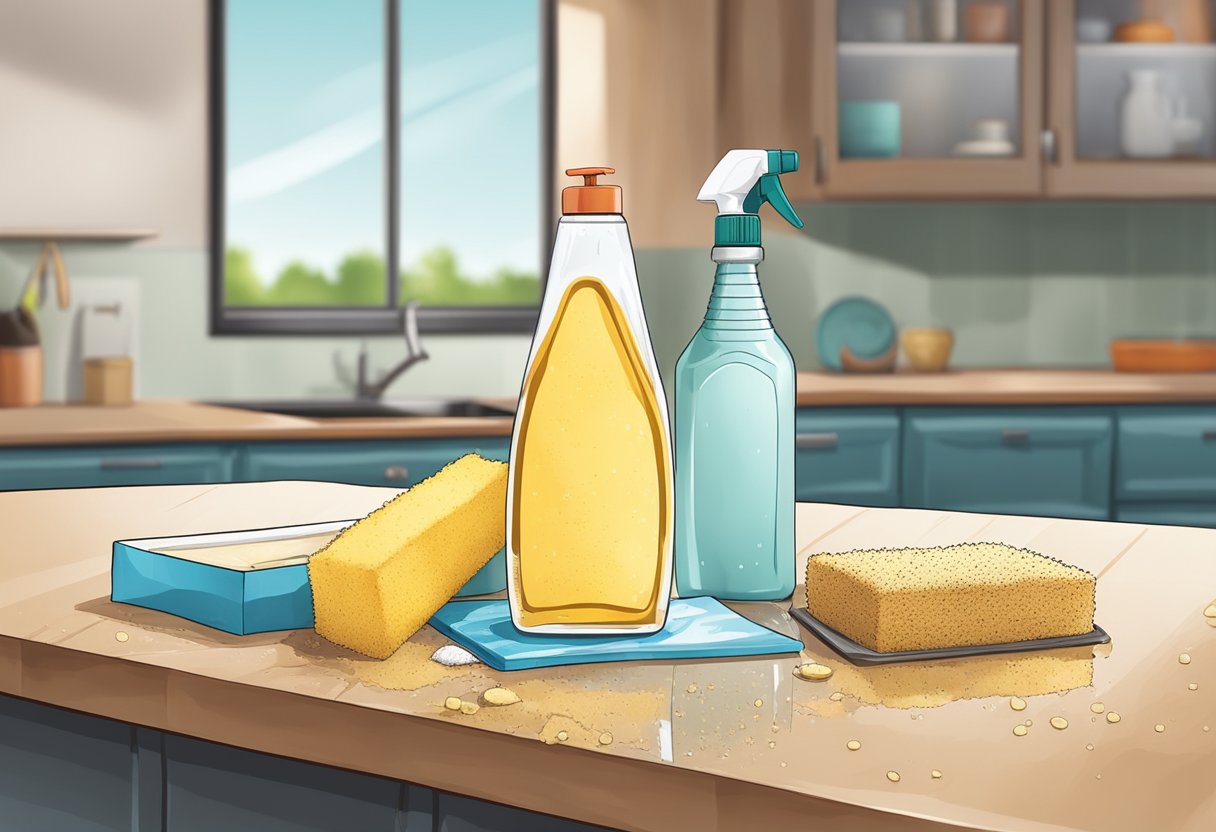 A kitchen counter covered in greasy residue, a bottle of homemade cleaner, and a sponge ready to tackle the mess