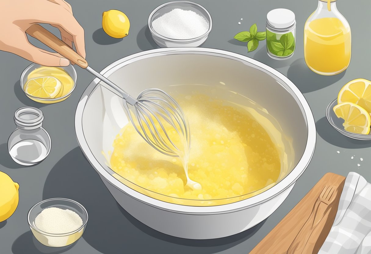 A person mixes natural ingredients in a bowl to create a homemade kitchen grease cleaner. Vinegar, baking soda, and lemon are visible on the counter