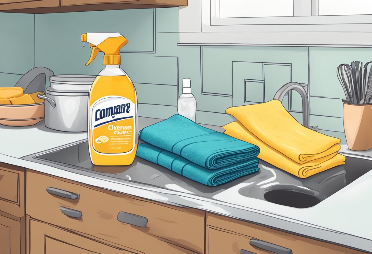 A kitchen countertop covered in greasy stains, with a bottle of homemade cleaner and a scrub brush nearby. A pile of dirty rags sits next to the sink