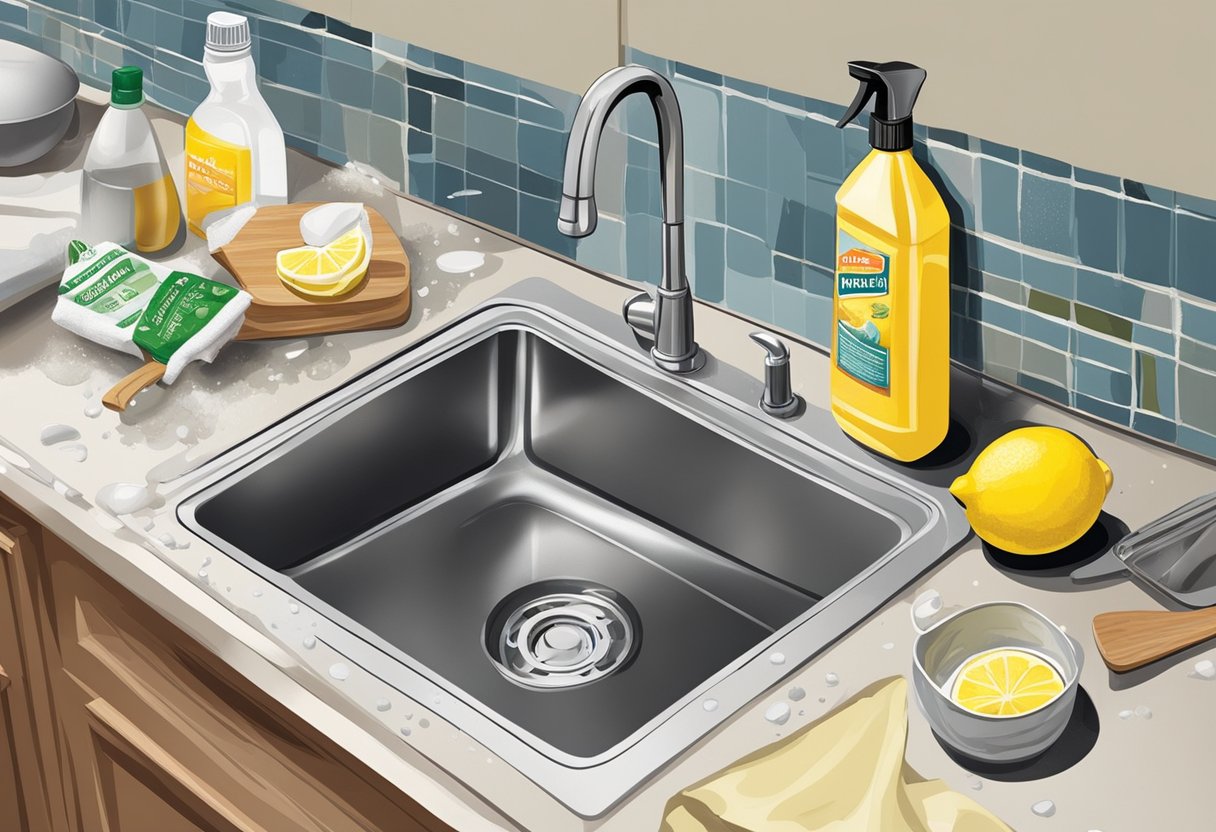 A kitchen counter cluttered with ingredients like vinegar, baking soda, and lemon, alongside spray bottles and cloths. A greasy stovetop and splattered backsplash indicate the need for homemade grease remover
