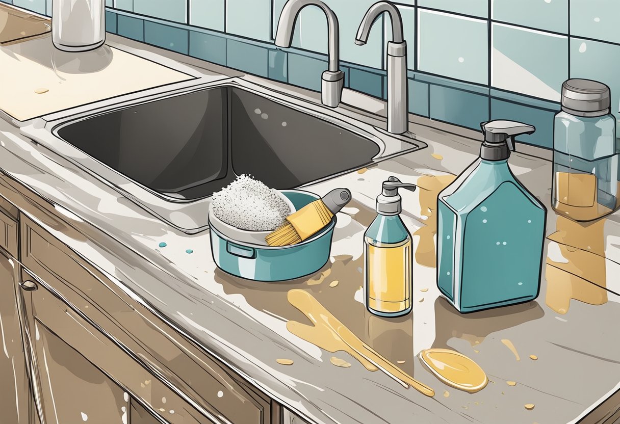 A kitchen countertop covered in greasy splatters and spills, with a bottle of homemade grease cleaner and a scrub brush nearby