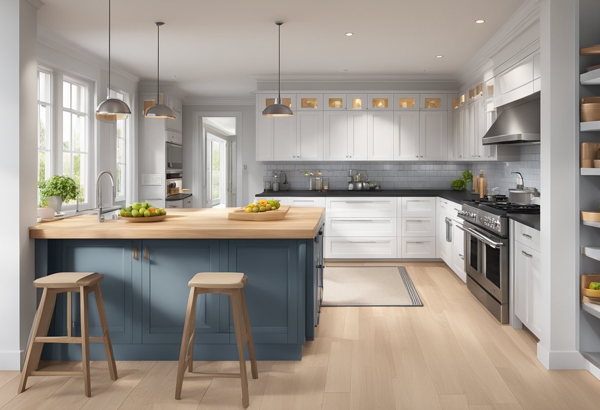 Kitchen islands and benches are arranged to create efficient flow in a new kitchen. Appliances and utensils are neatly organized for easy access
