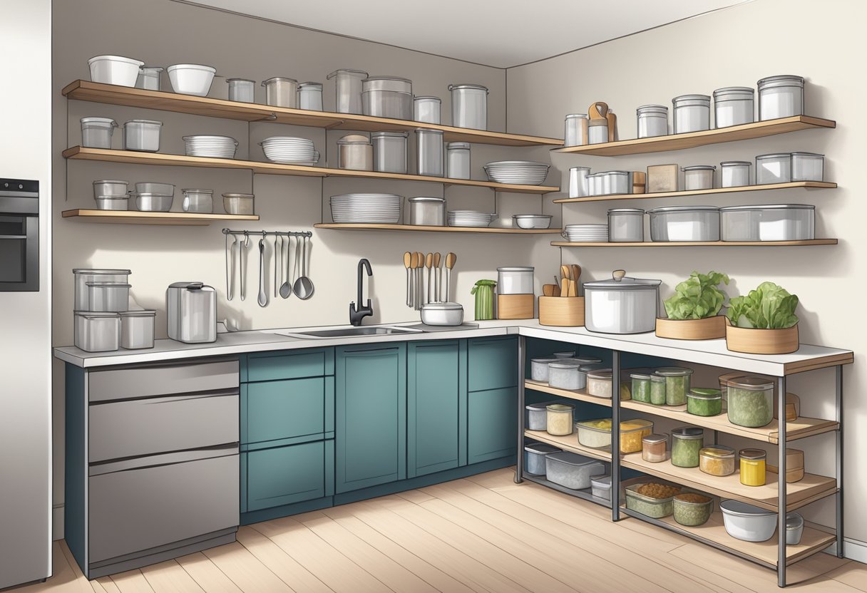 A clean, spacious kitchen with labeled storage containers, neatly arranged utensils, and a well-organized pantry