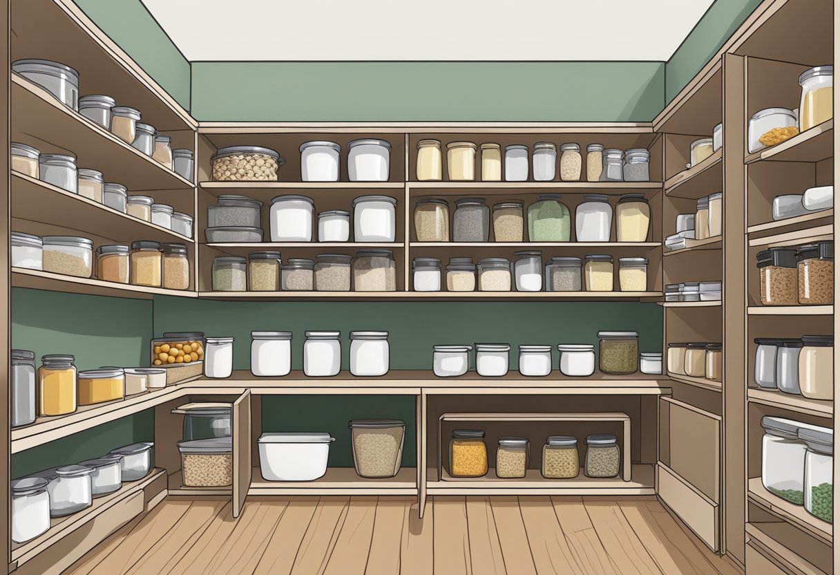 A neatly organized cupboard and larder with labeled jars, baskets, and shelves for a new kitchen