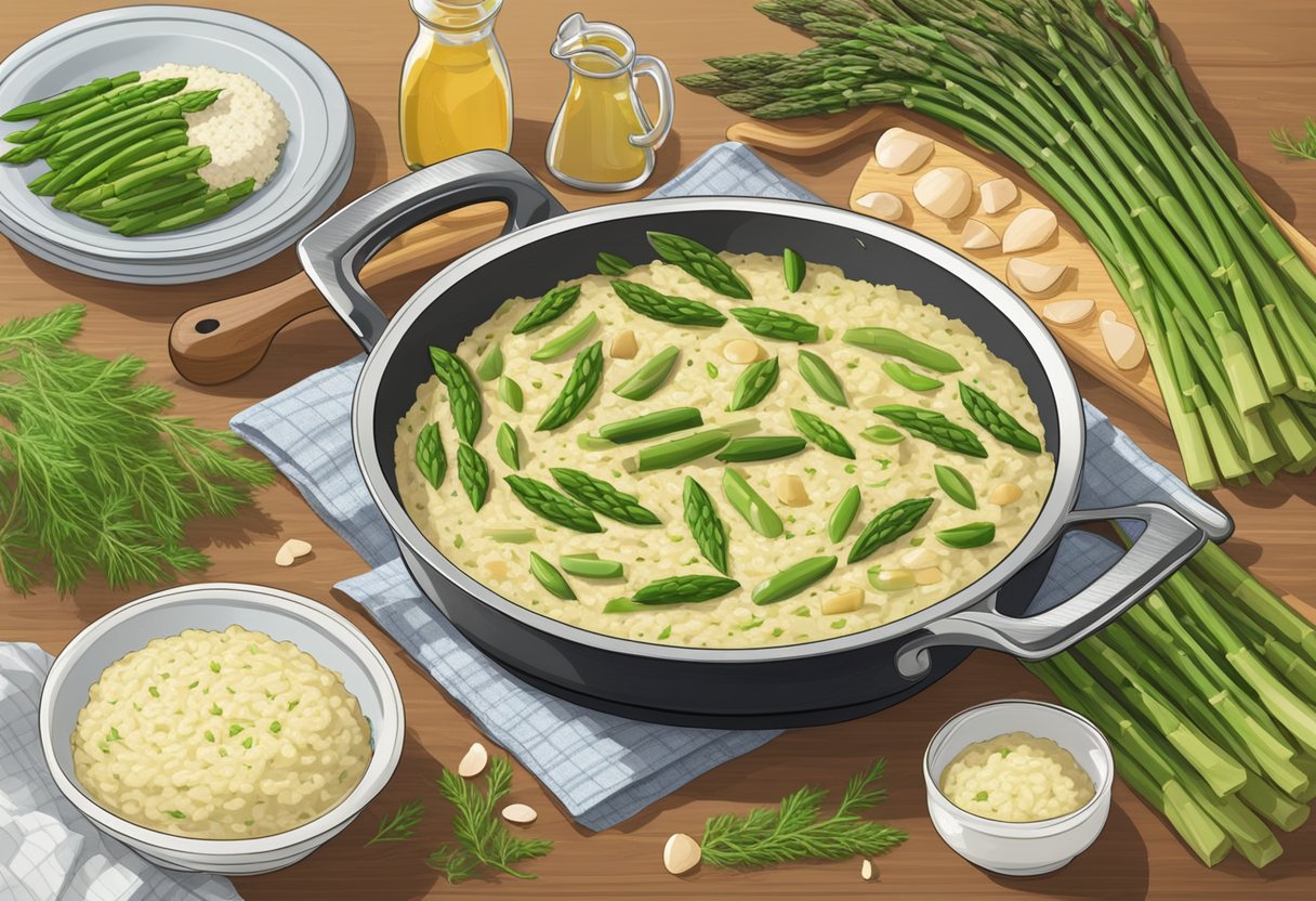 A pot of creamy asparagus risotto simmers on a stovetop, surrounded by fresh asparagus spears and a variety of recipe ingredients