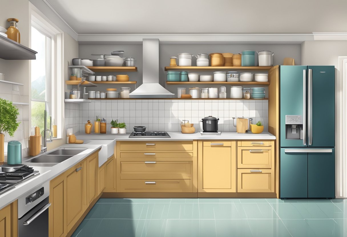 Kitchen utensils and appliances arranged neatly on countertops and shelves. Drawers and cabinets labeled for easy access. Spacious work areas for meal preparation