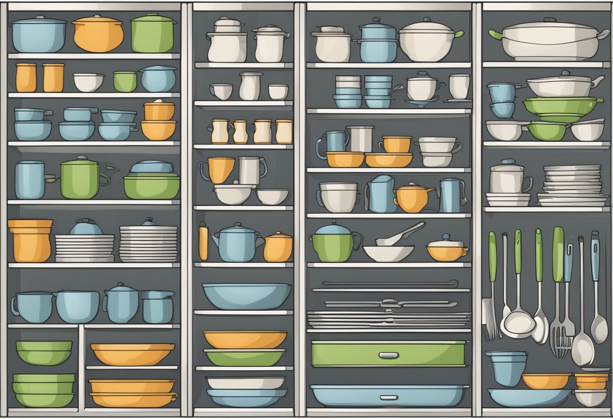 Kitchen tools and gadgets neatly arranged in designated drawers and cabinets, with labels for easy identification