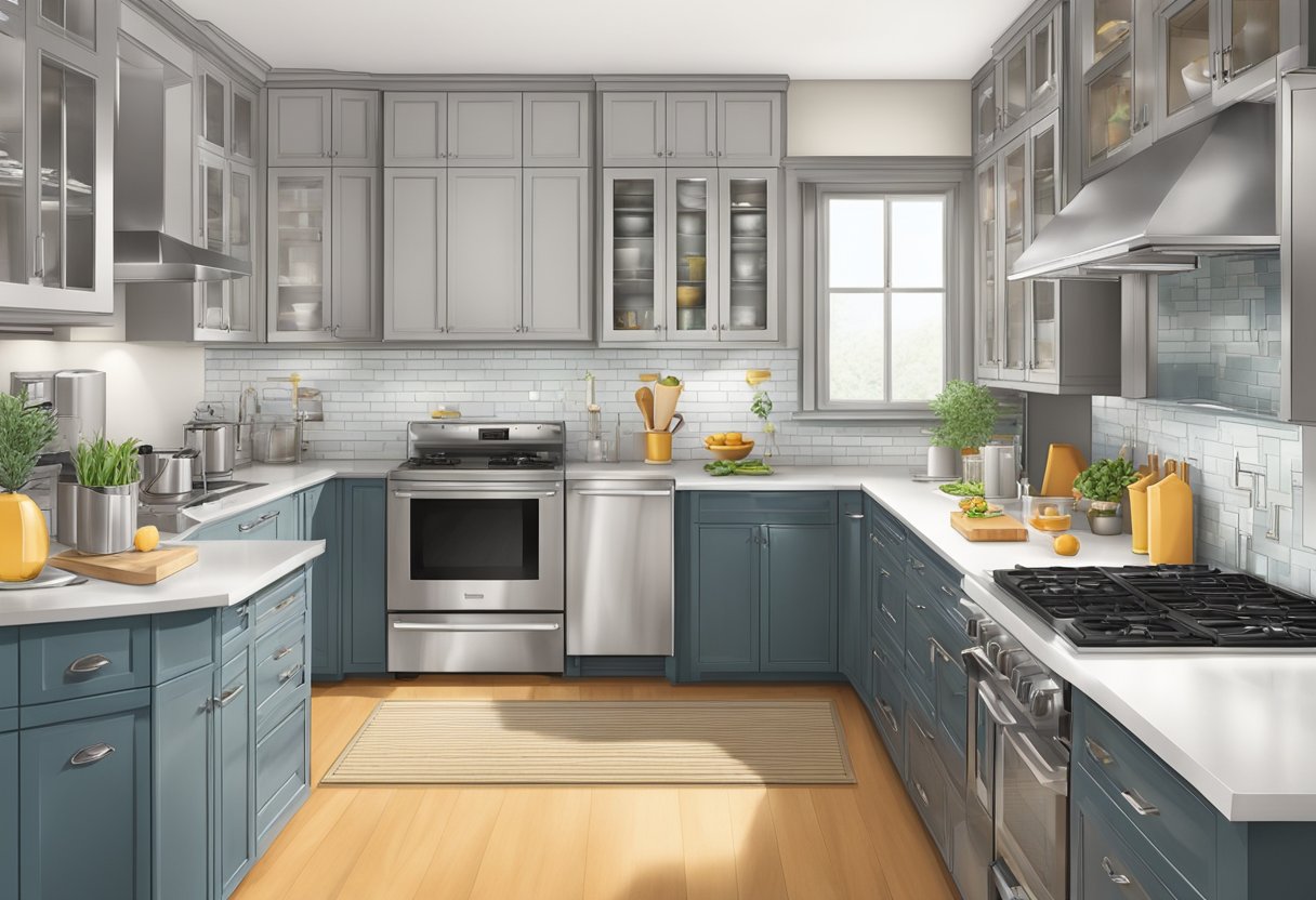 Various kitchen appliances and cabinets arranged in a functional layout with clear pathways and designated work zones