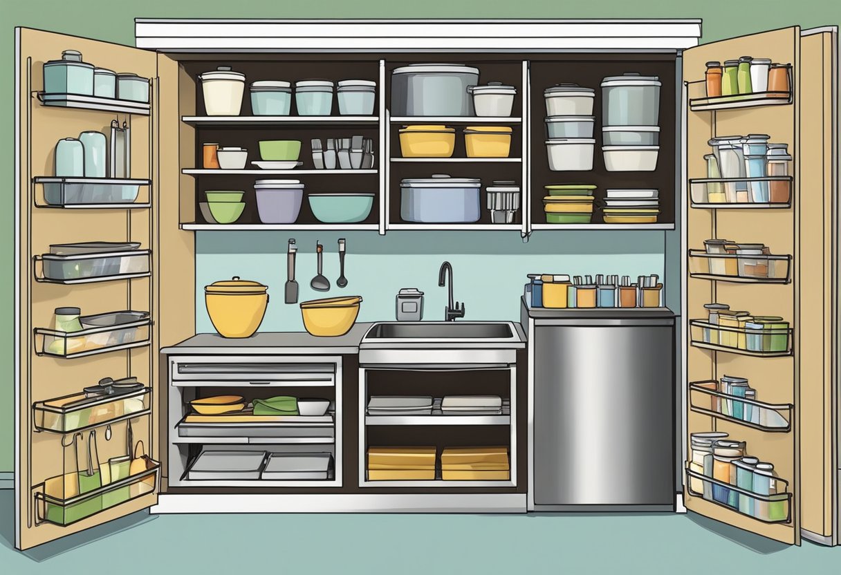 A tidy kitchen with labeled containers, hanging utensils, and a magnetic knife rack. A pull-out pantry and stackable shelves maximize space