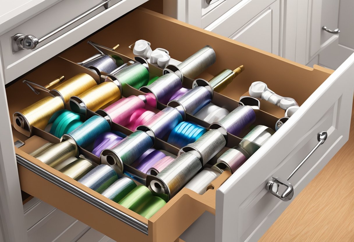 Foil and wrap neatly stored in a drawer organizer. Labels indicate contents. Hooks on cabinet door hold rolls. Neat, efficient, and easy to access