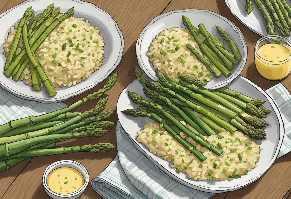 A table set with various asparagus risotto pairings, including healthy options, a Trader Joe's recipe, and a Kraft version, with fresh asparagus as the centerpiece