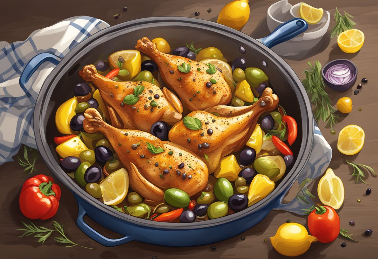 Sizzling chicken cooks with olives, capers, and lemons. Peppers and onions sauté nearby. Vibrant colors and enticing aromas fill the kitchen