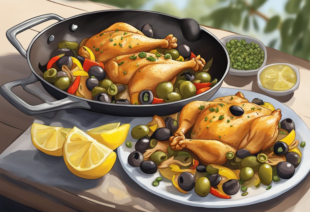 Sizzling chicken with olives, capers, and lemons. Another pan holds chicken with peppers and onions. Both dishes are sautéed to perfection