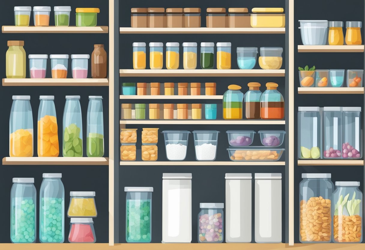 The kitchen pantry is meticulously organized with labeled shelves and clear containers for easy access. The maintenance team diligently keeps the space clean and clutter-free