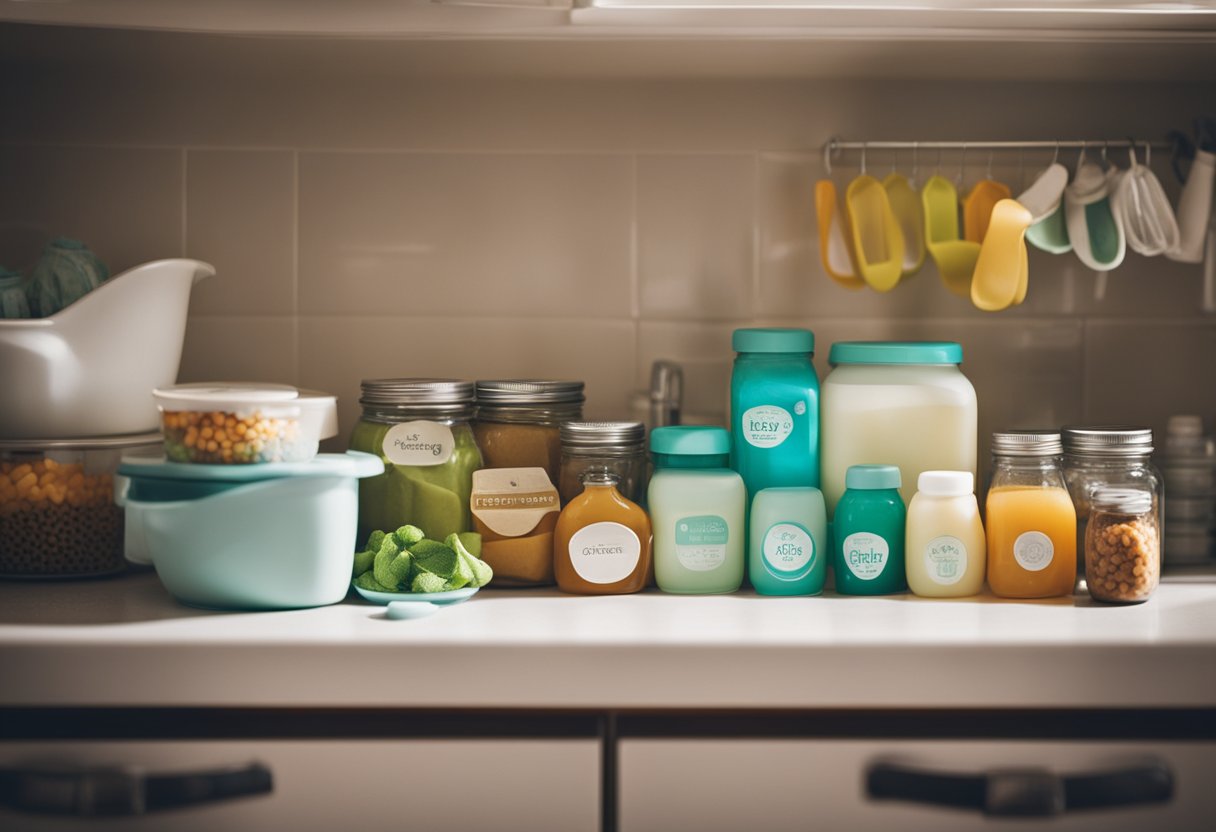 The kitchen counter is cluttered with baby bottles, formula, and a stack of bibs. A drawer is filled with tiny spoons, pacifiers, and baby food jars. A high chair sits in the corner, ready for mealtime