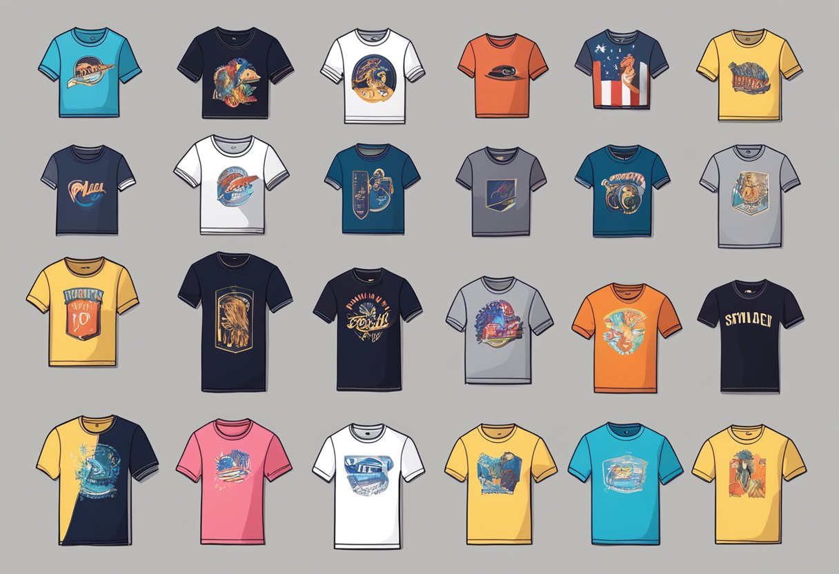 A table with various Taylor Swift shirts in different styles and colors, arranged neatly for display