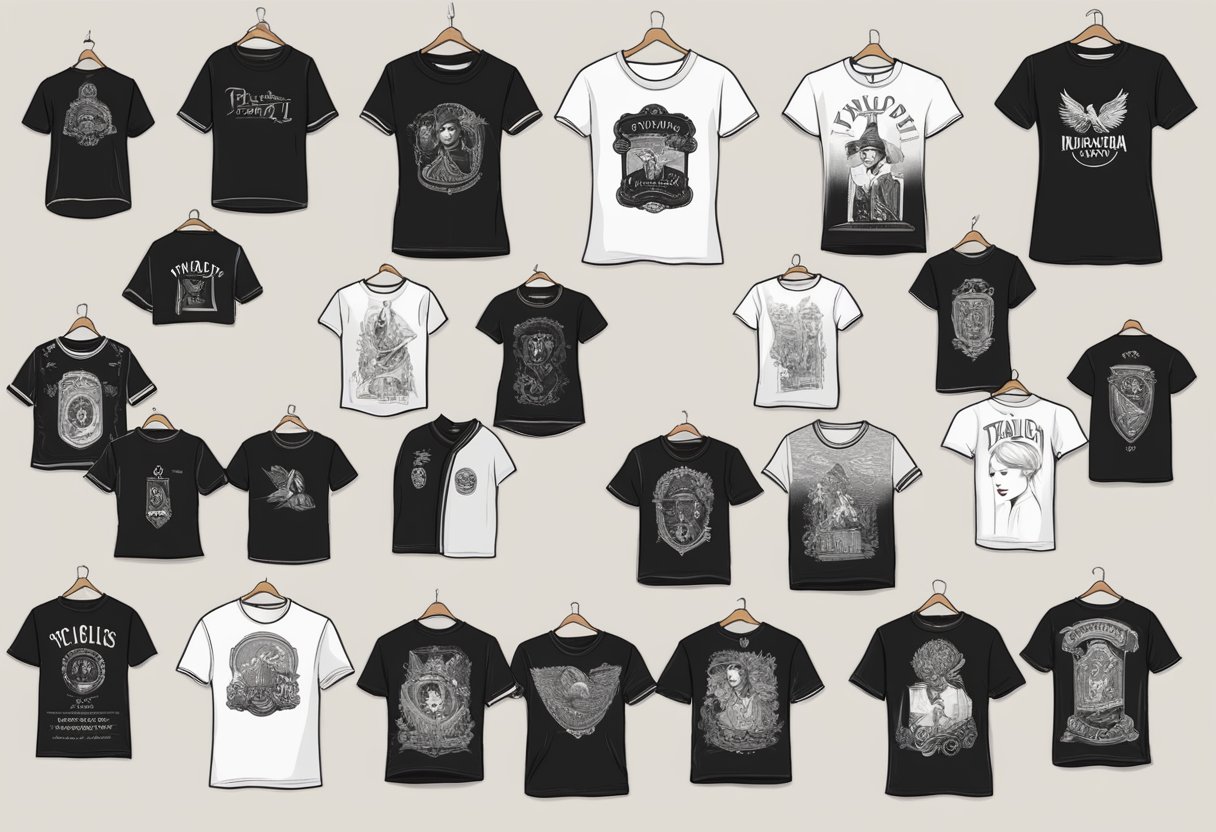 A black Taylor Swift shirt with iconic eras' designs, evoking a strong cultural impact and aesthetic appeal for merchandise