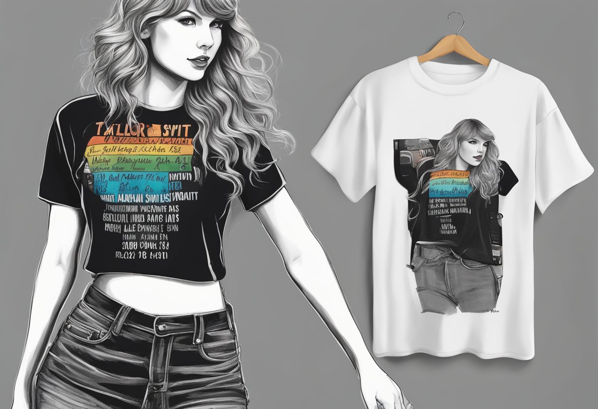 A black Taylor Swift shirt adorned with album names, depicting her eras, exudes an aesthetic vibe