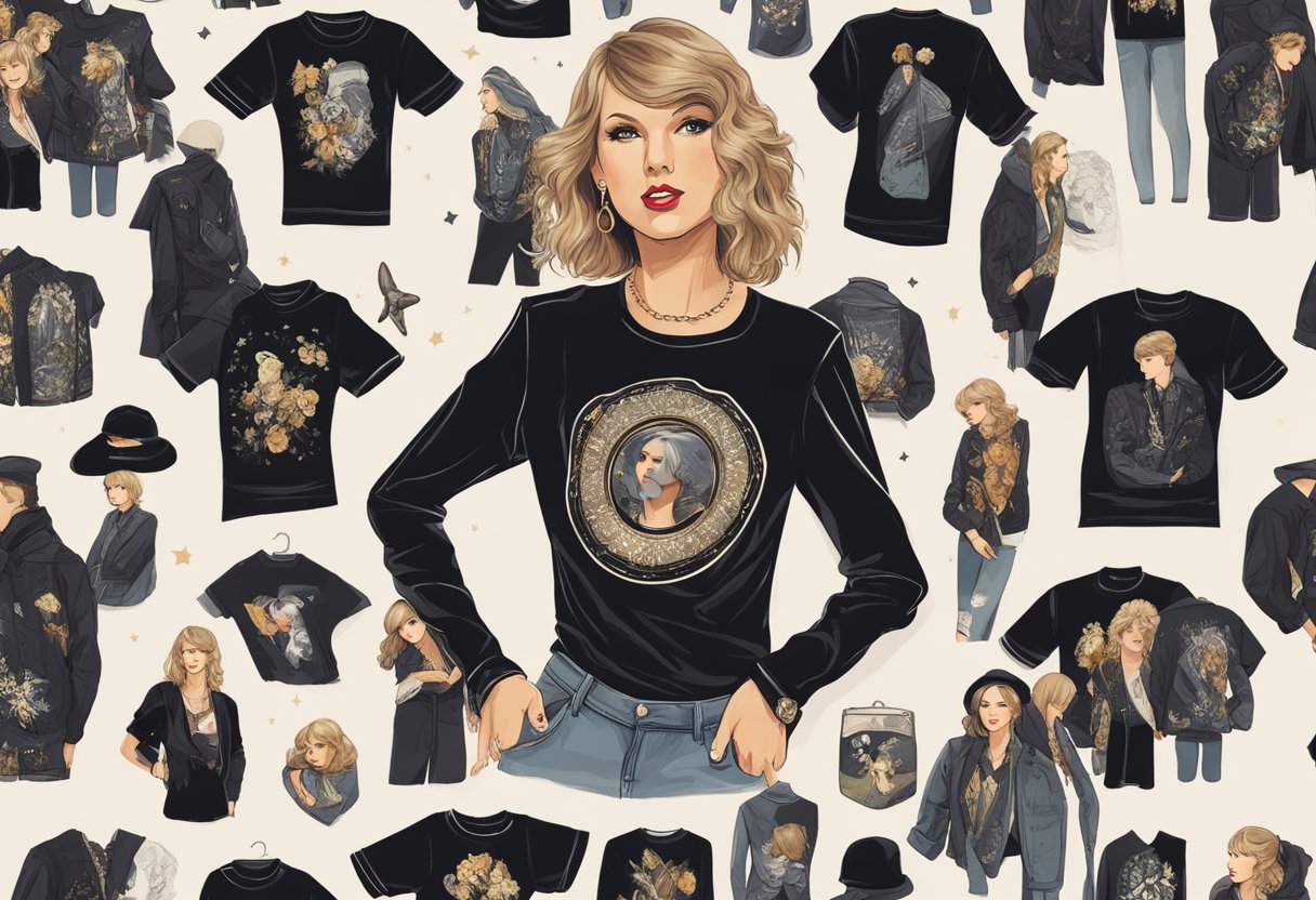 A black Taylor Swift shirt with various eras' aesthetics and prints