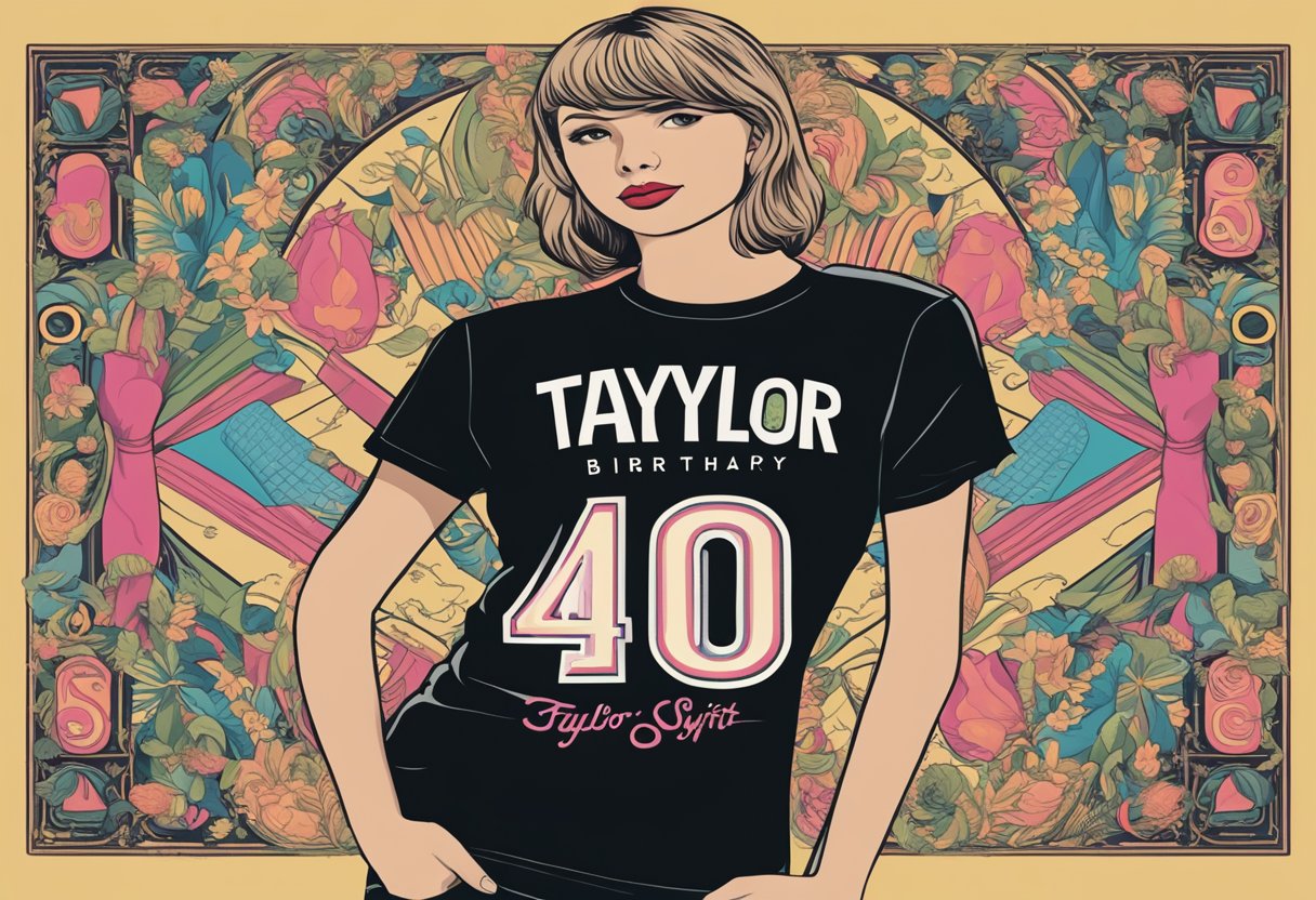 A black t-shirt with "Taylor Swift 40th Birthday" in bold font, surrounded by aesthetic designs representing different eras of Taylor Swift's career