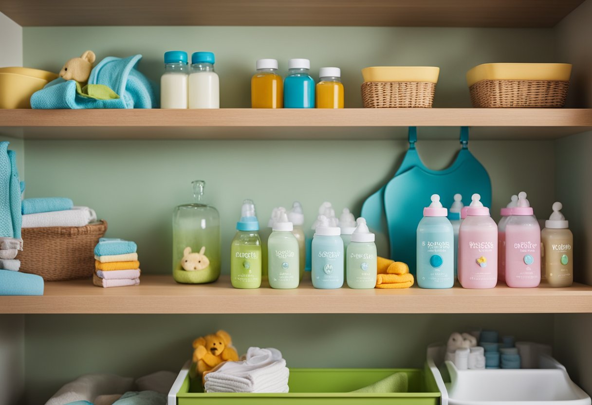 The kitchen counter is neatly organized with baby bottles, bibs, and toys. Shelves hold neatly folded onesies and diapers. A colorful mobile hangs above the changing table