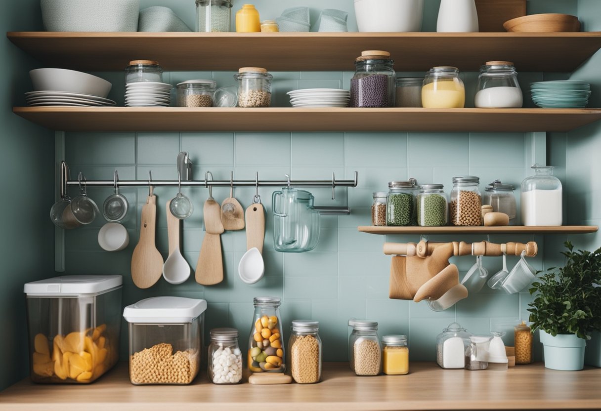 A neatly organized kitchen with baby bottles, bibs, and toys in their designated spaces