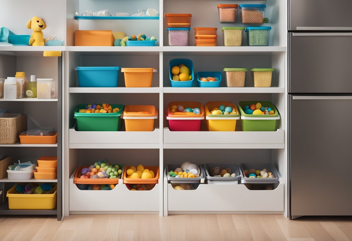 A neatly organized kitchen shelf with labeled compartments for baby bottles, pacifiers, and other baby essentials